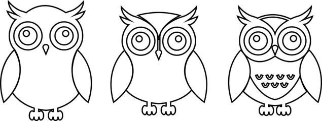 Black owl line icons set, creative vectors of bird silhouette. Simple cartoon nocturnal animal design, decorative graphic symbol artwork. Wildlife illustration sign isolated on transparent background.