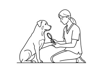 Veterinarian examining a Rottweiler dog with a magnifying glass, caring attitude, copy space