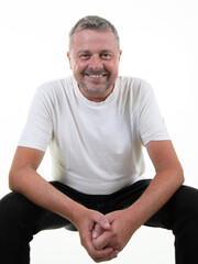 face portrait of smiling handsome man happy on white blank shirt with beard blue eyes on white background	