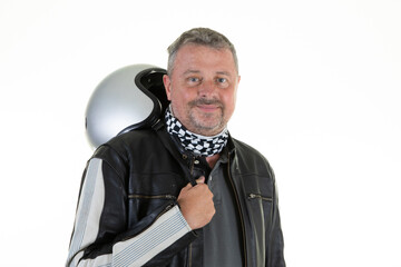 handsome middle age biker man with leather motorcycle jacket and grey jet helmet motorbike silver under back harm smiling