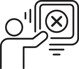 Person interacting with a computer screen displaying a red cross symbol indicating error or rejection