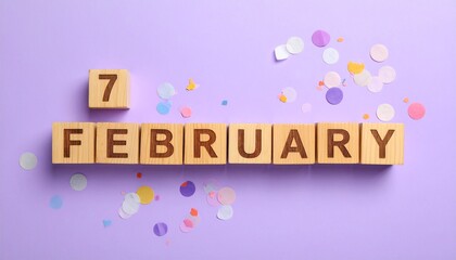 Fototapeta premium Wooden Blocks with Date 7 February. Calendar for birthday or anniversary on solid colored background with confetti