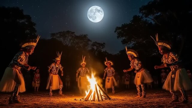 Indigenous dancers performing a traditional ceremony around a campfire under a full moon at night