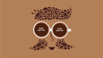 Face made with coffee beans and morning cups vector