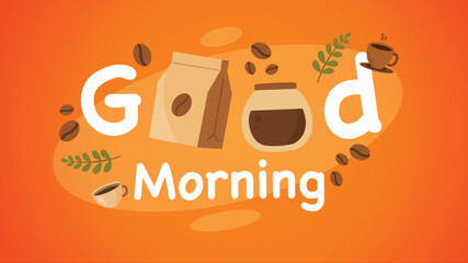 Good morning typography with coffee items and orange background