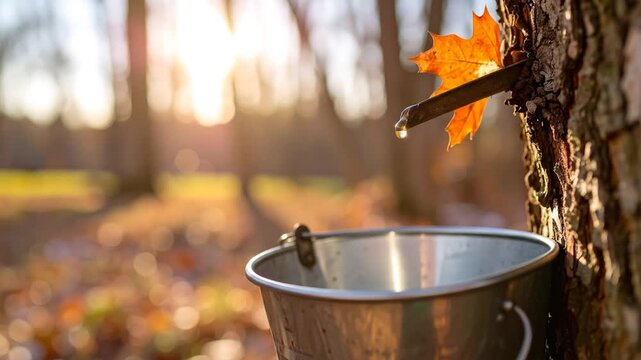 Maple Syrup Harvesting in Autumn Woods.