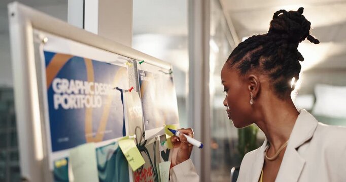 Planning, sticky notes and black woman in office for graphic design, research and business ideas. Creative agency, startup and person with board for brainstorming, portfolio and writing for project