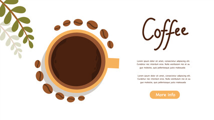 Coffee cup top view with beans and leaves decoration