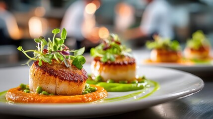Seared scallops with vibrant sauces and microgreens