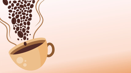 Coffee beans pouring into hot cup flat vector illustration