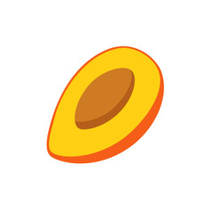 Flat vector style illustration of a half mango fruit with visible seed. Tropical exotic food element for summer, diet, and healthy lifestyle design. Vector illustration. 