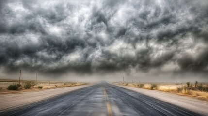 An empty desert highway stretches into the distance under a dramatic dark stormy sky