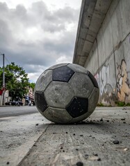 Old deflated soccer ball abandoned under a bridge