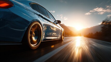 Naklejka premium Blue car reflecting sunlight during high-speed drive