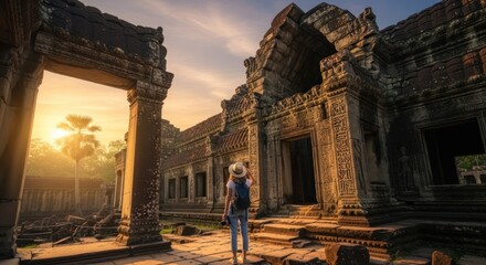 Traveler exploring ancient Angkor Wat temple ruins at sunrise in Cambodia.