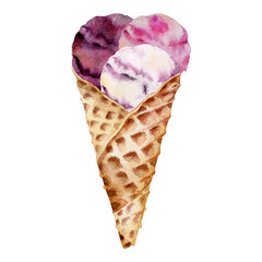 Mixed forest berry ice cream scoops served in crisp waffle cone, gelato sorbet balls. Isolated illustration hand drawn in watercolor. Fruit-flavored dessert decor, frozen yoghurt cafe menu, event tag.