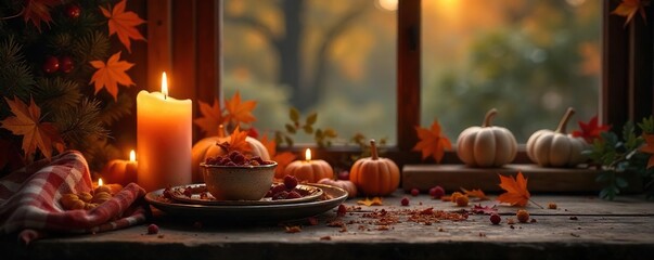 Cozy autumn evening ambiance with flickering candlelight, warm blankets, and rustic decor Perfect for fall, Thanksgiving, or Christmas themes , october, interior design, comfort