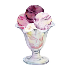 Mixed forest berries sorbet gelato scoop in glass sundae bowl, yoghurt ice cream. Isolated illustration hand drawn in watercolor. Dessert branding, cafe menu print, sweet recipe sheet, packaging art.