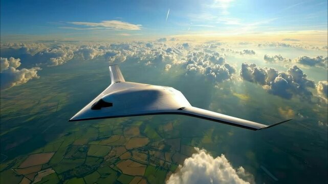 A futuristic stealth drone flying high above the clouds.