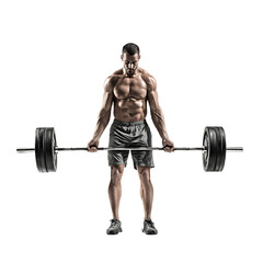 Muscular man lifting a heavy barbell A strong man trains with barbell weights and doing deadlifts Building muscle to gain strength