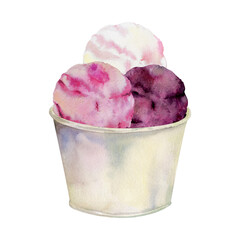 Forest or garden berries gelato ice cream scoops in reusable plastic or paper cup. Isolated illustration hand drawn in watercolor. Fruit dessert label, cafe branding, artisan packaging, menu insert.