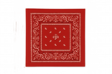 Red bandana with traditional paisley design, isolated on transparent background, offering versatile use in various graphic projects