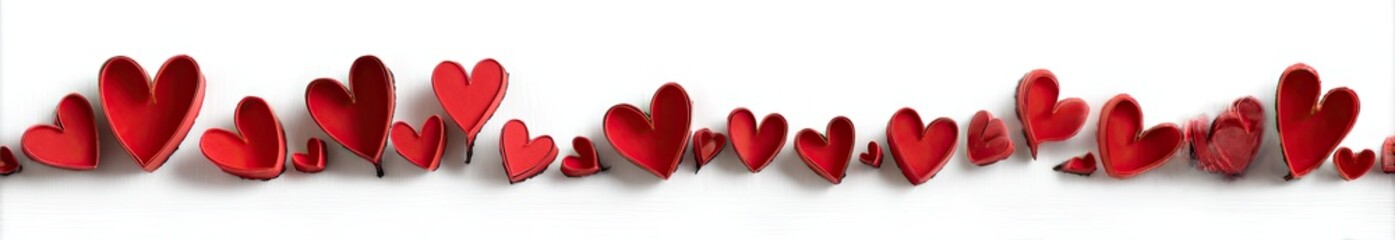 Many red hearts arranged in a horizontal line against a white background