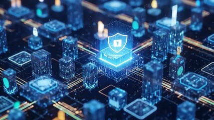 Futuristic digital network with security shield, showcasing interconnected data blocks and glowing circuits - Powered by Adobe
