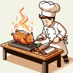 Illustration of a chef roasting suckling pig