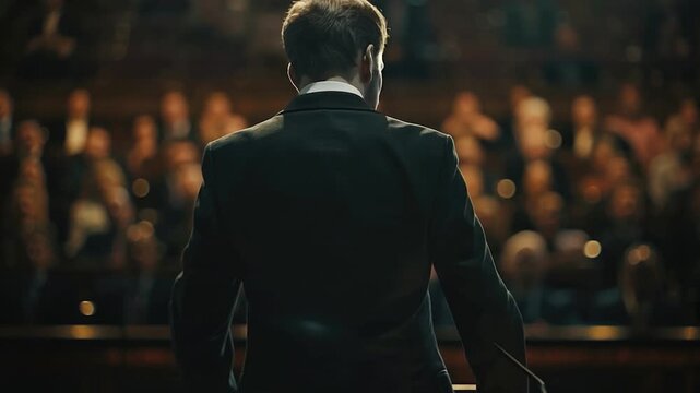 A professional man speaking to a group of people, possibly at a conference or meeting