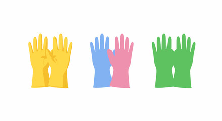 Fototapeta premium Three pairs of colorful rubber gloves, yellow, blue, pink, and green, for cleaning and protection.