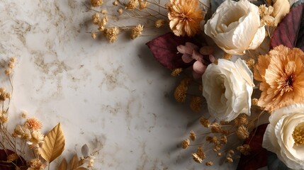 Dried flowers and leaves creating a border on marble background