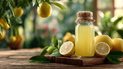 Freshly squeezed lemonade in a glass bottle with lemons and leaves on wooden table