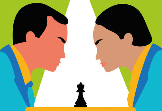 Two businesspeople, a man and a woman, facing off at the workplace. The vibrant background emphasizes their determination as they face off in chess.