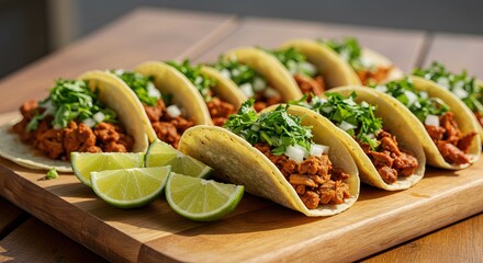 Al pastor tacos with lime wedges on a wooden board topped with cilantro and onions