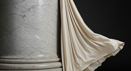 An offwhite drape hangs next to a marble column on a dark background