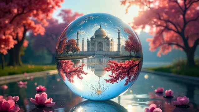 Spherical architectural landscape amidst the red leaves