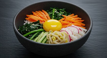 Bibimbap in a bowl featuring vegetables egg yolk and sesame seeds