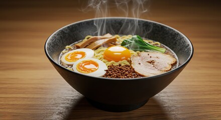 Bowl of ramen on a wooden table garnished with eggs pork and vegetables steaming