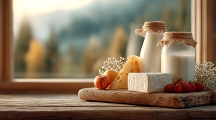 Fototapeta premium Fresh milk, cheese, and fruits creating a delightful rural breakfast scene