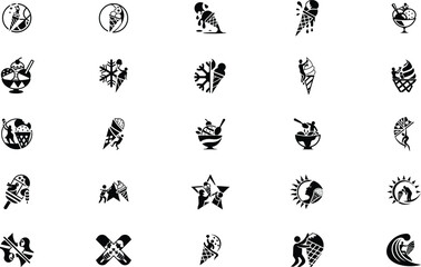 Collection of black and white ice cream icons and symbols