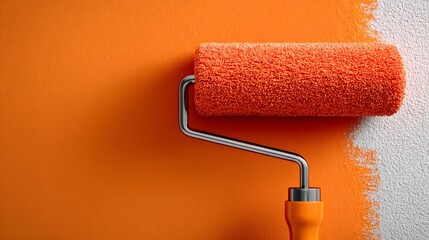 Fototapeta premium Paint roller applying orange paint to white wall