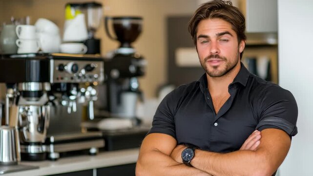 Young barista stands confidently in a modern cafe setting, showcasing coffee-making skills and equipment in the background