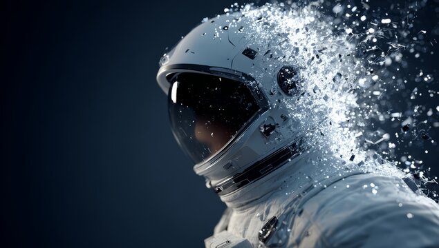 Astronaut Helmet Disintegrating with Space Debris in Dark Background