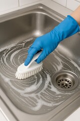 Hand scrubbing a kitchen sink with soap in bright cleaning environment