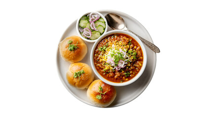 Delicious Misal Pav Indian street food savory dish bread buns spicy curry onion cucumber relish