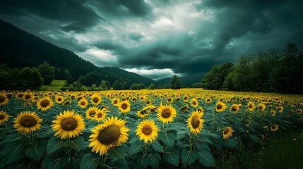 Expansive field of vibrant yellow sunflowers under a dramatic cloudy sky with distant green hills