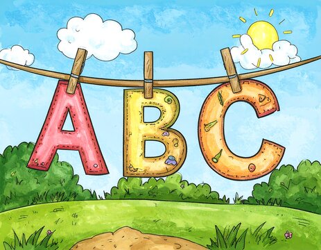 Colorful ABCs hanging on a clothesline in a sunny landscape