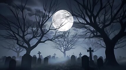 Eerie atmospheric wide shot of a foggy old cemetery at night, featuring a full moon partially hidden by clouds and stark silhouetted bare trees.