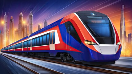 Naklejka premium Modern red train in motion along city tracks with historic architecture in the background during the late afternoon